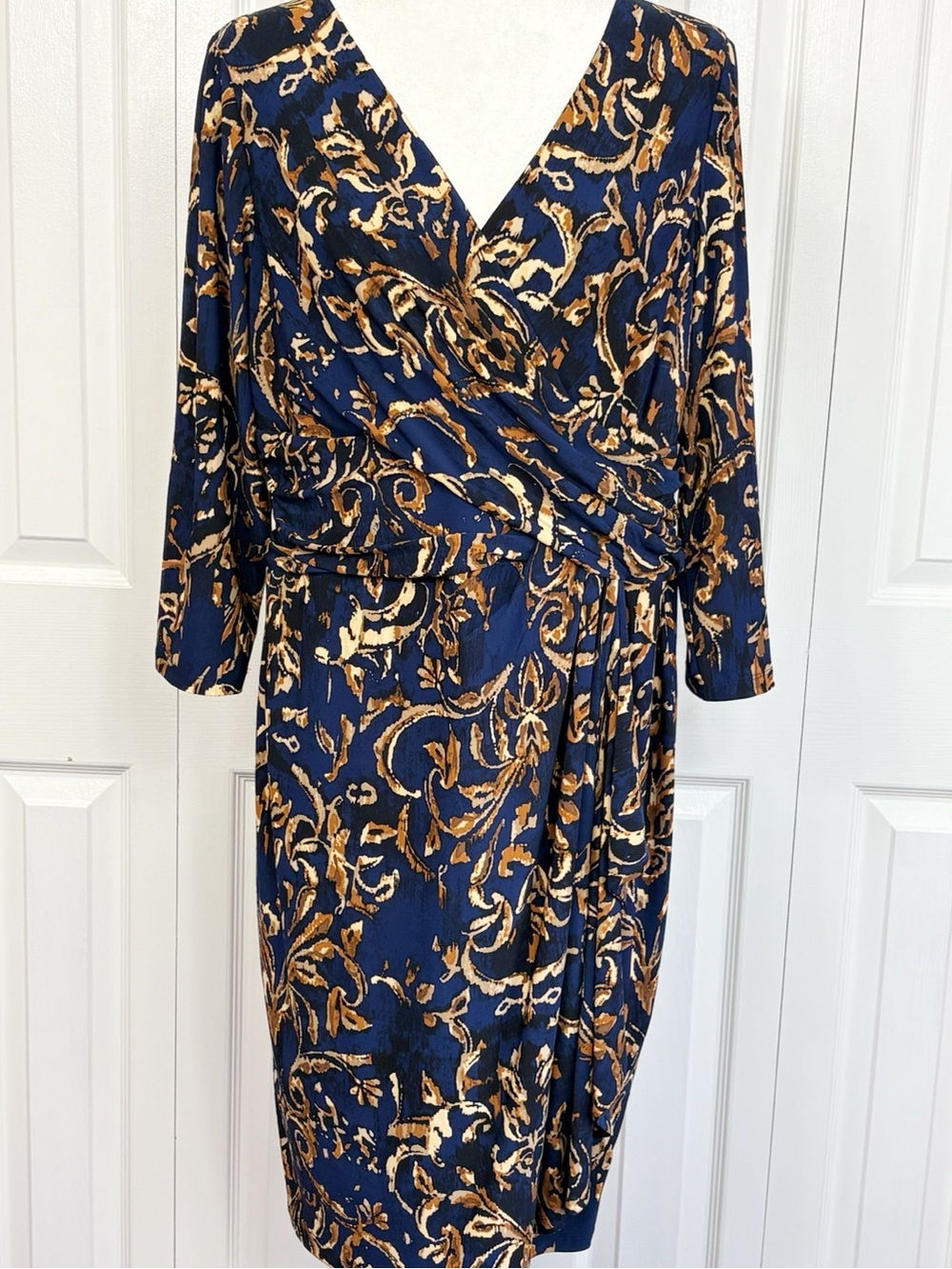Chaps Navy & Brown Print Faux Wrap Jersey Knit 3/4 Sleeve Sheath Dress XL